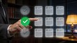 © Yi - Businessman selecting digital document legal contract approval on virtual interface office compliance corporate law data management executive decision making financial audit