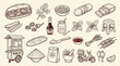 © KN collection - A detailed illustration of various Vietnamese food ingredients and street food elements, including banh mi, herbs, sauces, and a food cart.