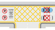 © Cathy - Top view illustration of a road intersection with yellow box junction markings and multiple no-parking traffic signs, indicating restricted stopping areas in an urban setting.