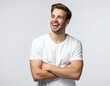 © aziz - Portrait of handsome smiling young man with folded arms. Laughing joyful cheerful men with crossed hands studio shot. Isolated on gray background generated AI