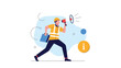 © Elma - Professional construction worker using a megaphone to communicate while carrying a briefcase and moving with urgency on a project site.