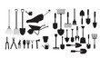 © pixelzoo - A collection of gardening tools and equipment in black silhouette on a white background