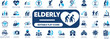 © OutlineLab - elderly editable icon set. senior, care, aging, health, age, illustration, pensioner, support. and solid icons collection.