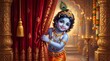 © Kumarkhaniya  - Cute baby Krishna peeking from curtain in temple, Janmashtami festival concept illustration