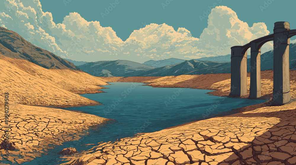 drought impact on water supply minimal vector illustration, shrinking ...