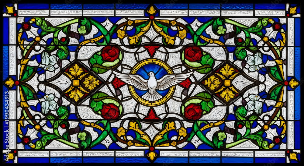 Stained glass window depicting a white dove in flight with holy spirit ...