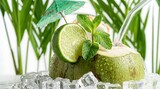 Minuman koktail segar dari kelapa muda dengan irisan jeruk nipis dan daun mint di latar belakang daun hijau, cocok untuk gaya hidup sehat dan santai