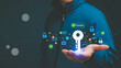 © AkterDigital - Cyber security authentication concept with hand holding digital key surrounded by passkey icons and lock symbols representing advanced data protection and private access management.