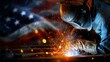 © Nazia - Industrial welder sparks flying american flag background