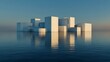 © LEO_ The Guru - Modern geometric structure reflects in still water at sunrise near the shore in a calm coastal area
