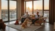 © Hitesh - Modern family relaxing in spacious living room with large panoramic windows overlooking city skyline at sunset with warm light, pets and comfortable contemporary interior design