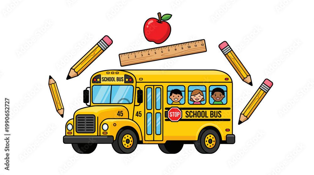School bus with happy children and school supplies Stock Vector | Adobe ...
