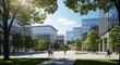 © Muqadas - A modern city square with glass buildings and green trees on a sunny day with people walking around