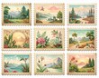 © Sevenart - A pastel vintage postage stamp set with faded botanical illustrations