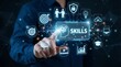 © CuteBee - A person's finger is touching a glowing 'Skills' button that leads to a network of diverse competence, education, and career development icons on a dark, interconnected background.