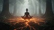 © JT Studio - A person meditates in a misty forest, sitting cross-legged with glowing, fiery roots spreading beneath them, creating a mystical and serene atmosphere.