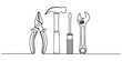 © Gerish - Continuous single line drawing of various construction tools arranged in a row on white background, illustration featuring a hammer pliers screwdriver and wrench Vector, illustration. minimal construc