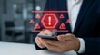 © CuteBee - A focused individual holds a smartphone displaying prominent red holographic warning symbol, surrounded by multiple caution icons, signifying a critical system error, data breach, or security alert.