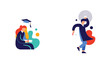 © DianaAndreea - Minimalist flat illustration depicts two happy graduates in academic gowns celebrating their success with diplomas.