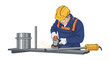 © Zayed - Professional industrial worker wearing a hard hat and safety goggles uses a powerful circular saw to cut a metal beam on a workbench.