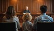 © miss irine - Child sits between parents in courtroom facing judge. Family law and divorce proceedings impact child custody decisions. Legal system challenges family relationships during separation.