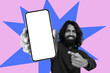 © Prostock-studio - A man is holding a smartphone with a blank screen and smiling. He is pointing at the phone. The background has a vibrant design with bright colors.