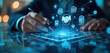 © miss irine - Hand interacts with digital interface showing handshake and document icons. Business technology network connects information. Future strategy planning and digital management.