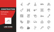 © Abstract - construction icon set with sweeping broom, , inclined hammer signs in flat outline style