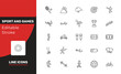 © Abstract - sport and games icon set with tennis game, scuba diving, boy with skatingboard signs in flat outline style