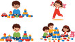 © monoara - Kids Playing with Toys Vector Illustration Set with Children Building Blocks, Playing Cars, and Fun Activities for Education, Preschool, and Childhood Development Designs