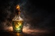 © The 2R Artificiality - Vintage magical elixir in glass container surrounded by dark smoky background and highlighted empty space