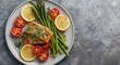 © The 2R Artificiality - Overhead image of herb crusted salmon with grilled asparagus and halved tomatoes plus copy space area