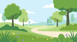 © Karina - Beautiful park landscape with green trees, hills, and a path. Flat vector illustration for background or web design. Serene and peaceful nature.