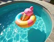 © Vadym - Cute ice cream cone inflatable float bobs on clear blue pool water under bright sun. Summer fun poolside, refreshing vacation vibe. Kid friendly toy.