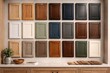 © AkuAku - Wood cabinet door samples arranged on a display wall illustrating various finish choices for interior remodeling