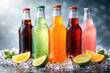 © AkuAku - Variety of chilled non alcoholic soda bottles featuring water droplets and copy space