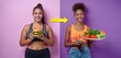 © Vadym - Before and after weight loss comparison. Plus size woman eats burger slim woman holds vegetables. Healthy food choice promotes body transformation.