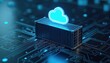 © Pete - Digital shipping container with neon cloud icon sits on futuristic circuit board. Represents cloud storage data management and tech solutions. Safe data transfer and digital warehouse concept.