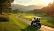 © Pete - Two men ride in golf cart on scenic course with rolling hills. They drive on path past green grass and trees during sunset. Golfers enjoy leisure activity.