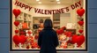 © Lucas - A woman in a black coat looks at a Valentine's Day store window display with red hearts and gifts
