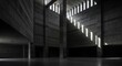 © dhani saputri - Striking brutalist architectural interior with raw concrete walls, massive pillars, and dramatic natural light casting profound shadows across the minimalist hall