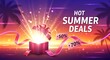 © GREEN - Hot summer deals with gift box explosion and tropical palm trees silhouette explosion discount percentage promotion