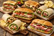 © Rick Cranches - Assorted sandwiches and wraps with vegetables meat and chips delicious fast food set