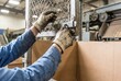 © Stitch - Factory worker wearing dirty leather gloves securing a heavy metal latch on a wire mesh gate