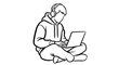 © K-Stock - Young man sitting cross-legged wearing headphones and using a laptop computer
