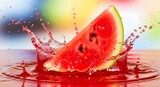 Potongan Semangka Segar Jatuh ke Air dengan Cipratan Besar Latar Belakang Berwarna