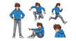 © Morning Dew - Young anime style boy character wearing a blue hoodie in multiple action poses isolated on a plain white studio background