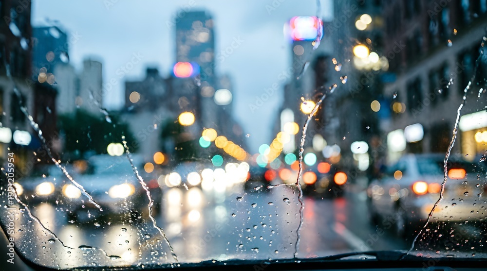 Atmospheric view through a rain-covered windshield with soft city bokeh ...