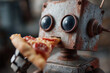 © Tina - Rusty robot holds slice of pizza with round eyes, showing playful hunger. Scene blends nostalgia with modern tech charm. Great for ads, food blogs, or tech-themed content