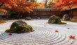 © nia - A tranquil Japanese Zen garden in vibrant autumn, featuring meticulously raked white gravel, moss-covered stones, and radiant red maple leaves, evoking profound tranquility and natural harmony
